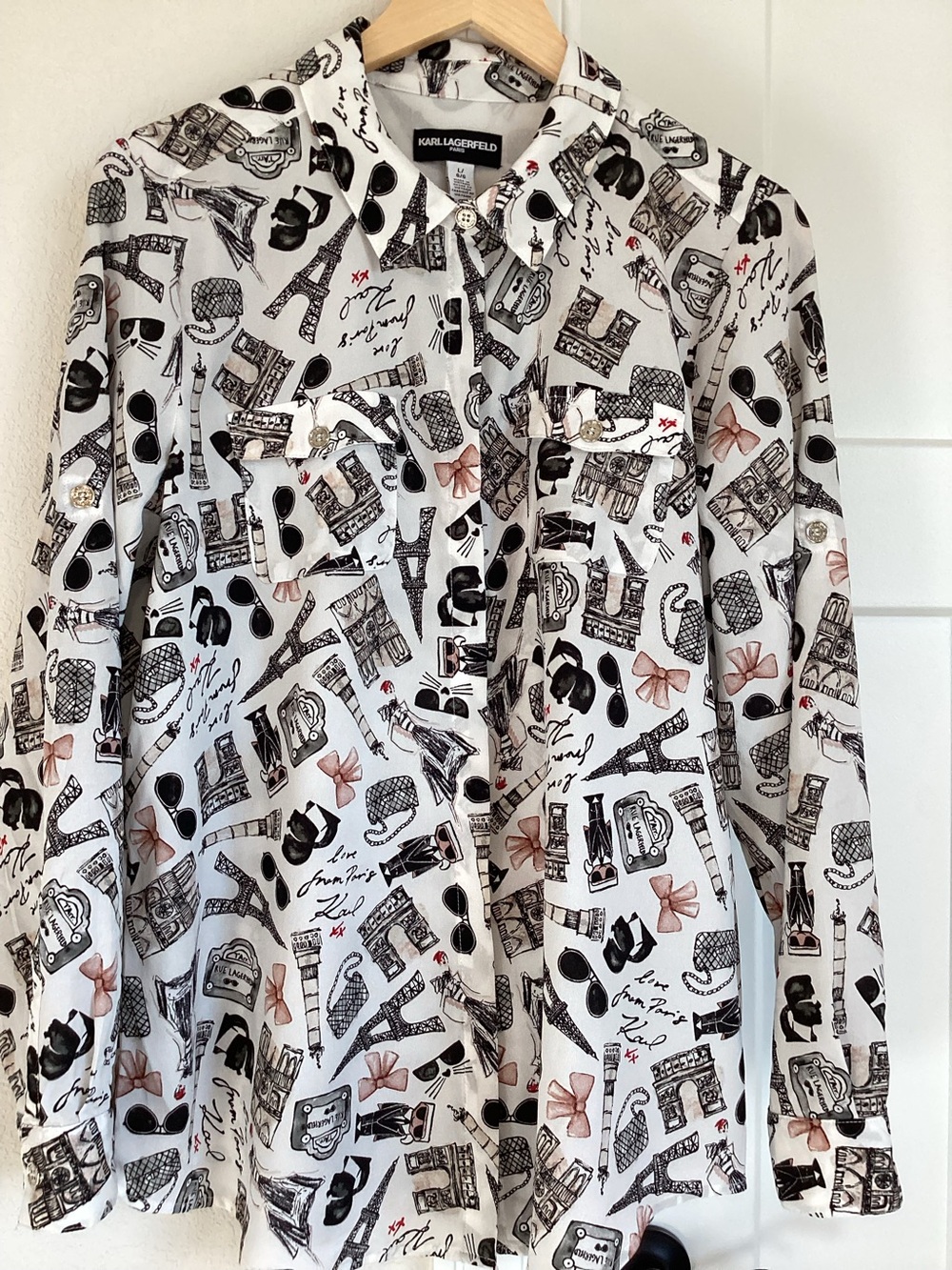 🇫🇷NWOT Karl Lagerfeld Paris Printed Collared Button-Down Long-Sleeve Blouse